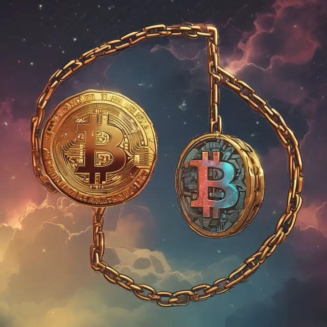 Visualization of Bitcoin represented by a star in a chain, contrasted with IOTA as a swirling galaxy forming a tangled network