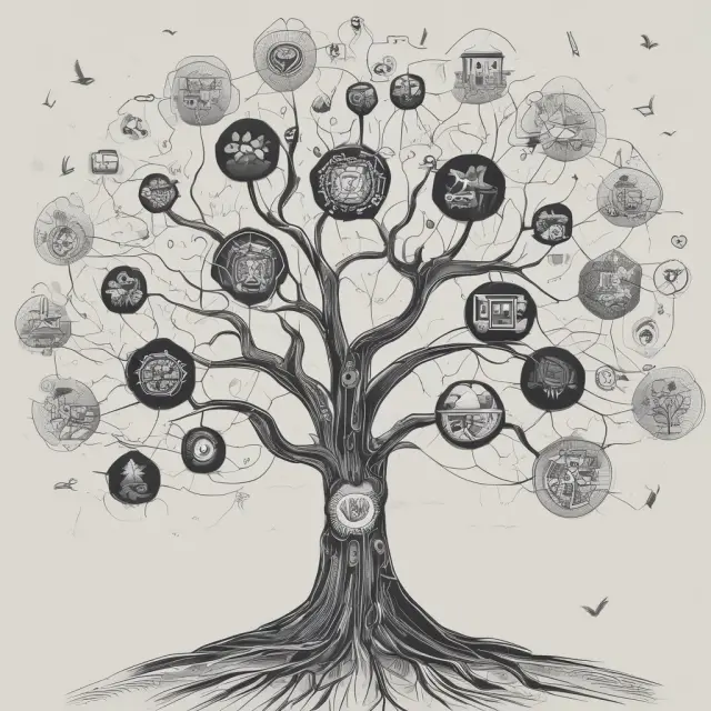 Interconnected devices form a flourishing tree with IOTA tokens as blossoms, representing partnerships and technology growth in the Internet of Things ecosystem.