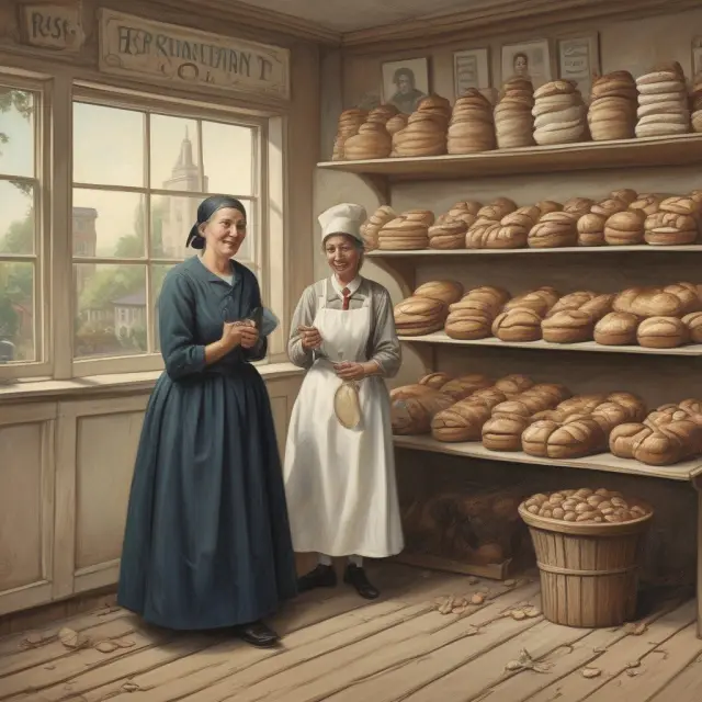 An image of Mrs. Baker, holding an IOU with details of the financial transaction between Delightful Pastries and Fruitful Orchards