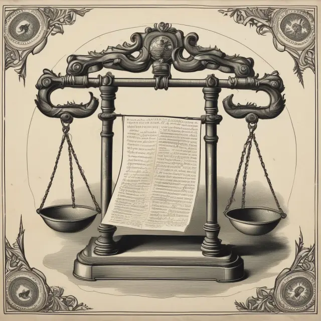 An ancient scale holds an unfurling IOU scroll representing a debt between two parties in finance