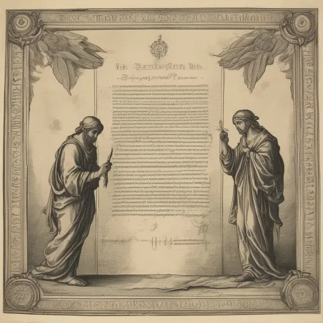 An antique parchment displays an IOU with a date, parties involved, principal amount, and repayment terms.