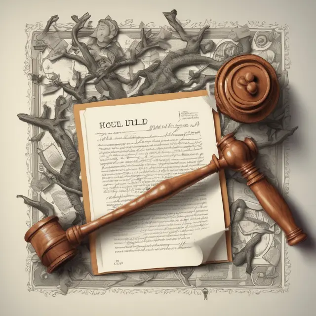 Image of an IOU as a note on a tree branch and a promissory note as a formal scroll held by a gavel. Representing the differences in formality levels between these financial instruments.