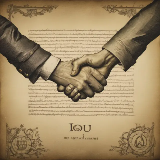 Two individuals shaking hands over an IOU document, indicating a debt agreement