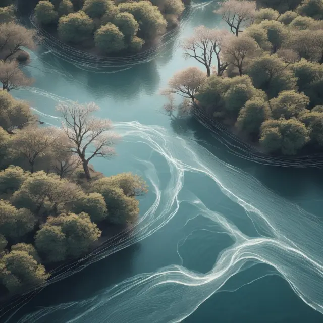 A digital river teeming with IOUs flows between interconnected financial branches, representing the transformation and securitization of IOUs in modern finance.