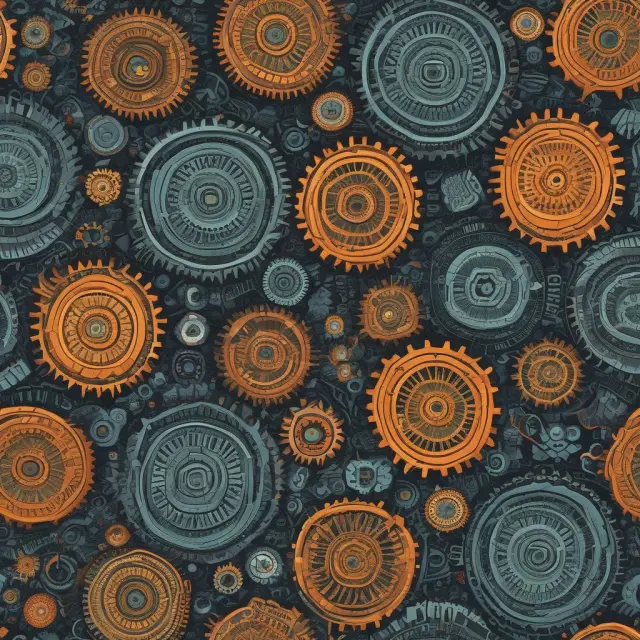 An intricate mosaic depicting a manufacturing gear, a coal mine, an electric spark, and a natural gas flame to represent the key industries covered by the Industrial Production Index.