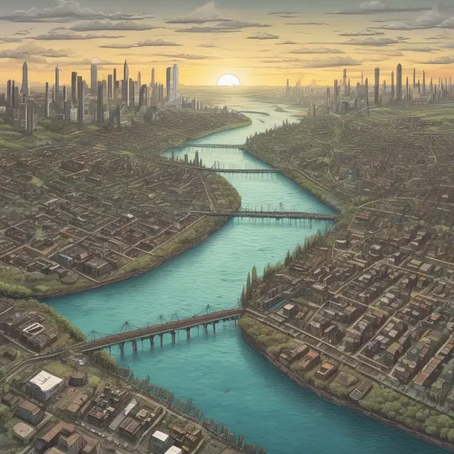 River representing IPI data flows through changing landscapes illustrating long-term industrial production trends and fluctuations