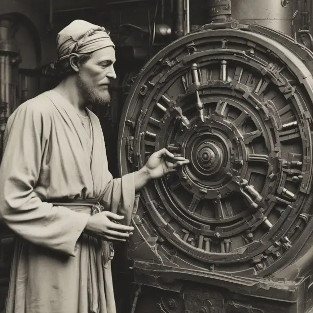 An ancient oracle studying IPI data, represented as gears in motion, to interpret industry trends.