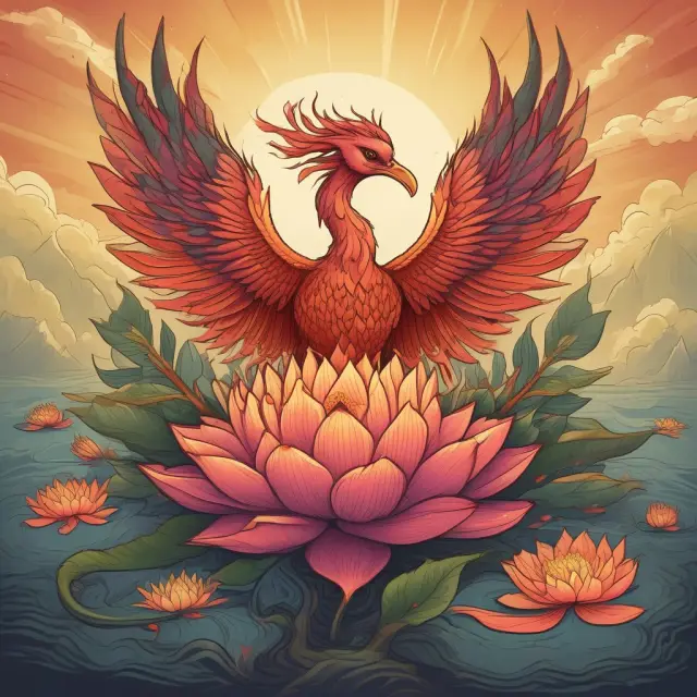 A fiery phoenix emerging from a vibrant IPO lotus flower, representing the growth and opportunity of an Initial Public Offering.