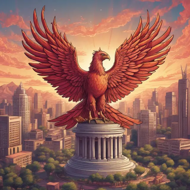 A reborn Phoenix soaring above a garden of growing industries: tech, healthcare, biotech, and renewable energy, symbolizing vibrant IPO markets.