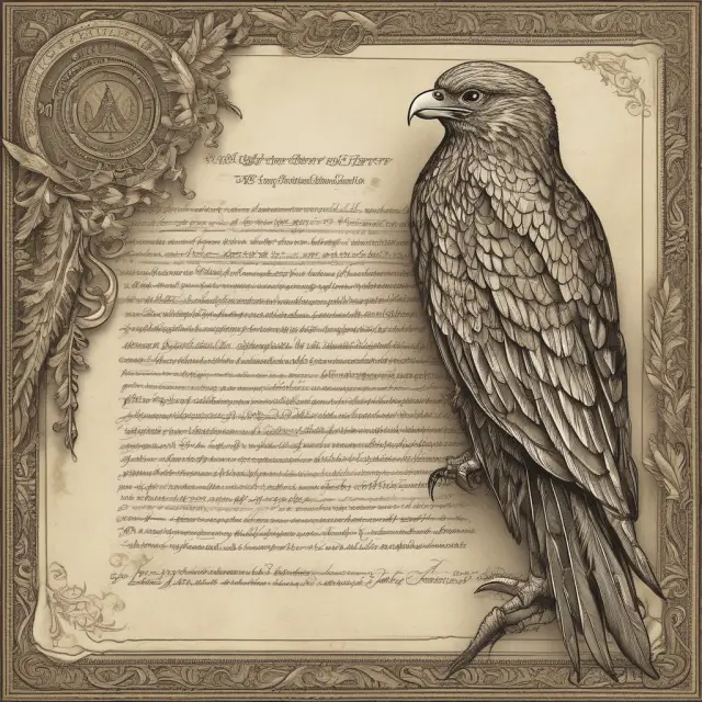 A golden quill in the hand of an ancient scribe writing on parchment, while eagle figures scrutinize the document, representing SEC regulations and IPO filing process