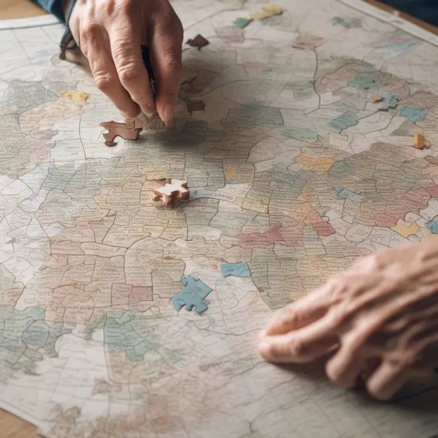 Retired person piecing together an investment policy statement (IPS) puzzle with asset allocation targets and risk tolerance levels.