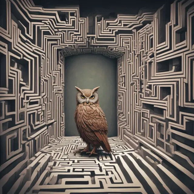 An owl, symbolizing wisdom and guidance, helps an investor navigate the complex maze of creating and maintaining Investment Policy Statements.