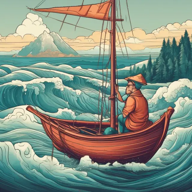 An investor adjusting the sails of a boat to maintain alignment with their Investment Policy Statement (IPS), symbolizing ongoing updates and revisions.