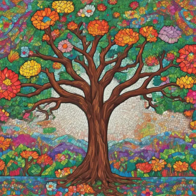 An IRA investment mosaic displaying stocks as colorful flowers, bonds as sturdy rocks, ETFs represented by swirling leaves, and mutual funds depicted by interconnected trees