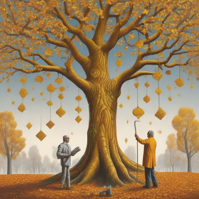 Golden and silver IRAs on a tree with tax man collecting RMDs from the traditional one, while Roth stays intact. Hammer symbolizes withdrawals.