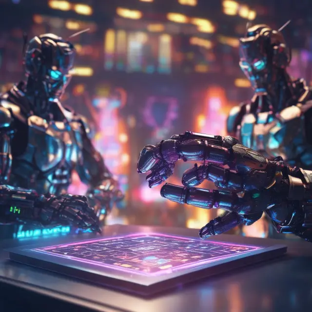 A futuristic scene featuring robot hands manipulating options data on a holographic table, symbolizing the advanced technology used for efficient Iron Butterfly trades