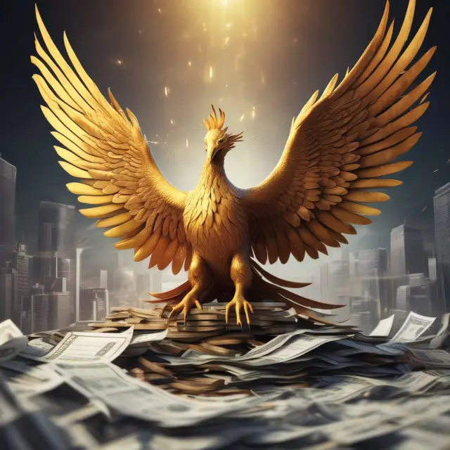 A golden phoenix emerging from financial reports, illustrating Internal Rate of Return (IRR) significance in capital budgeting for investment evaluation and resource allocation