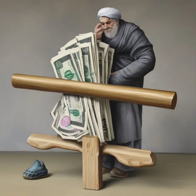 A central bank figure maintaining stability in an unsteady exchange rate environment by deftly balancing rials on a seesaw