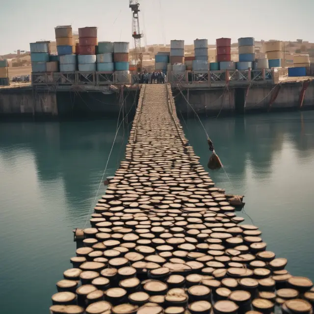 An unsteady bridge symbolizing the Iranian Rial, constructed from rials and oil barrels, suspended over a stormy sea representing political instability, economic sanctions, and corruption
