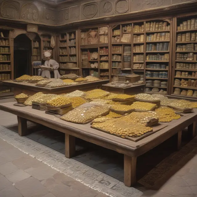 An ancient Iranian bazaar scene with rials, tomans, and gold coins balanced on a scale, representing the historical relationship between IRR and Tomans