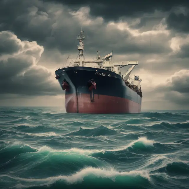 A stormy sea with a struggling oil tanker and a weakened Iranian rial currency acting as an anchor, depicting political instability and economic factors impacting the Iranian economy