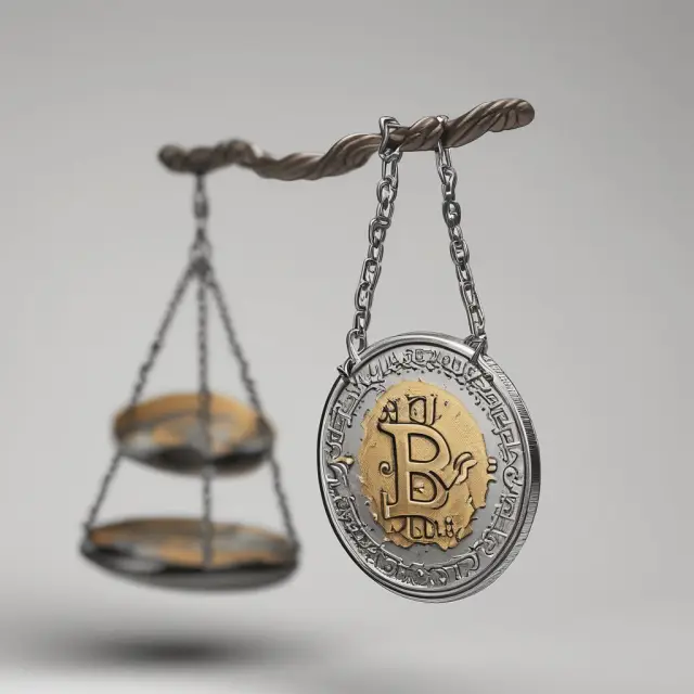 Image of an Iranian rial coin suspended on a balance scale with one pan labeled 
