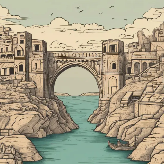 A metaphorical bridge made of coins connecting the Iranian Rial (IRR) and Toman, illustrating their conversion