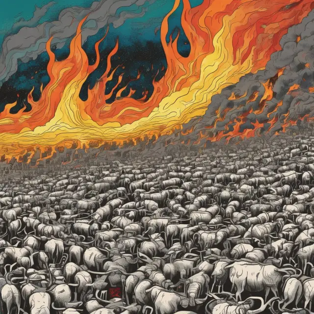 A sea of investors following each other blindly, symbolizing herd mentality, surrounded by a torrent of information cascades fueling irrational exuberance