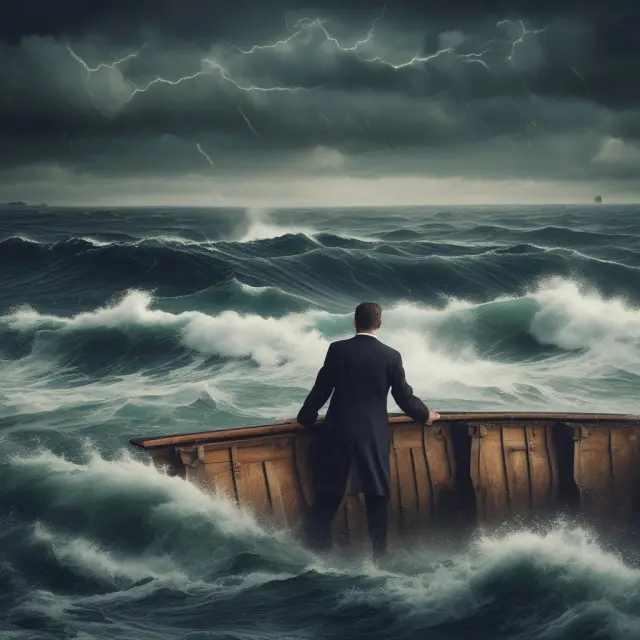 An institutional investor in a sturdy boat braving stormy seas, receiving guidance from three wise central bank captains on the shore