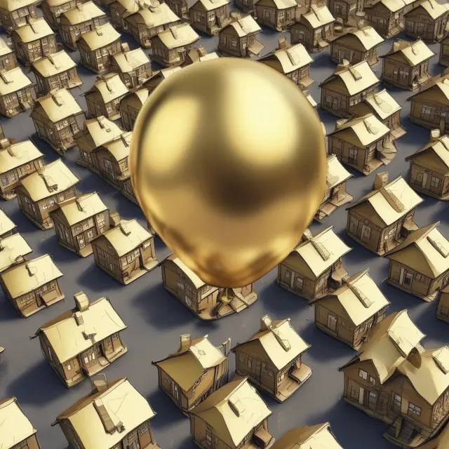 An oversized golden balloon symbolizing irrational exuberance bursting, releasing interconnected housing market puzzle pieces representing the global financial crisis that followed
