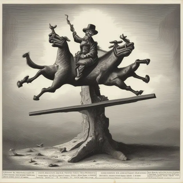 A see-saw with market players representing investors; one side symbolizes optimism during irrational exuberance, while the other illustrates consequences of burst bubbles.