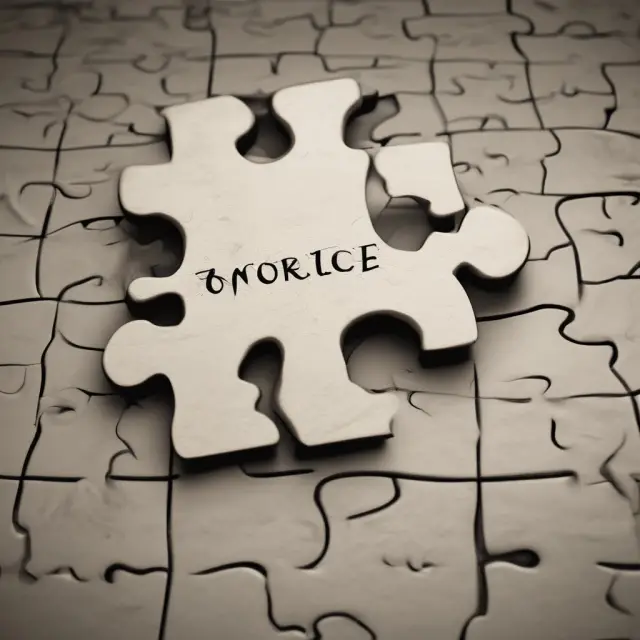 A jigsaw puzzle depicting an ex-spouse as an irrevocable piece, surrounded by other pieces representing court proceedings, divorce decree, and financial instruments