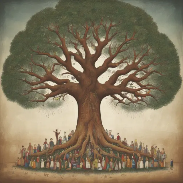 A sturdy, evergreen ancestral tree with irrevocable beneficiaries as leaves, symbolizing unchanging inheritance connections