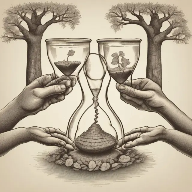 An hourglass with acorns representing living trusts flowing into the other chamber containing oak trees for testamentary trusts, emphasizing inheritance planning and estate management