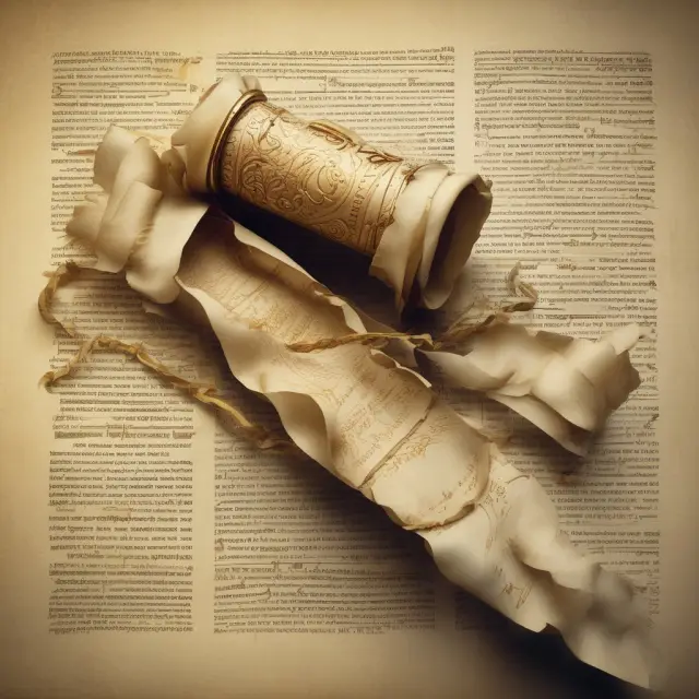 An ancient parchment unfurling golden threads signifying trust secrets, with a backdrop of institutional buildings representing investors