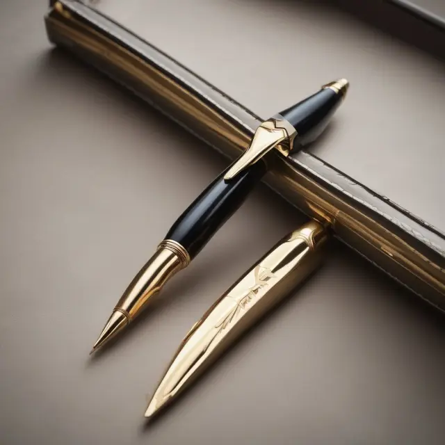 Golden pen representing a deductible business gift inside an open briefcase