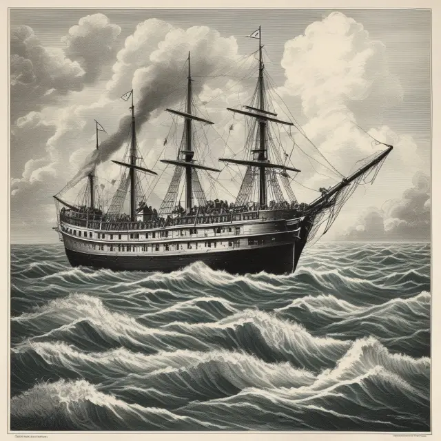 An old-fashioned steamboat with passengers navigating a sea of papers and documents, representing business travel expenses