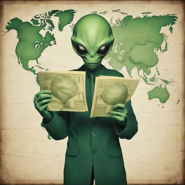 An extraterrestrial with a green card stands before a world map, considering the tax implications of residing in each hemisphere