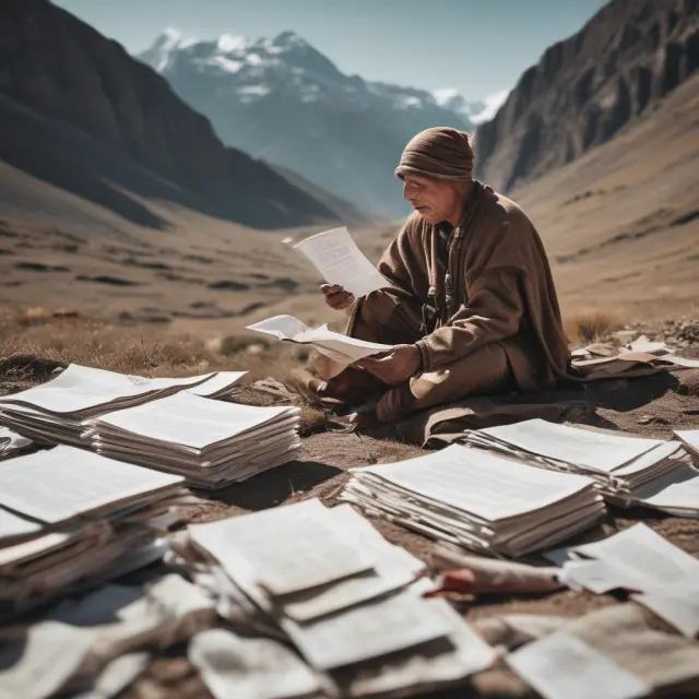 A non-resident alien sitting at a desk, surrounded by piles of documents, with a compass in hand and a map displaying tax treaty agreements