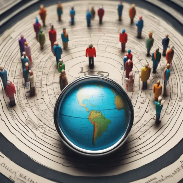 A group of individuals from different countries, each holding a compass, navigating through a complex maze of tax forms based on IRS Publication 519 for non-resident aliens