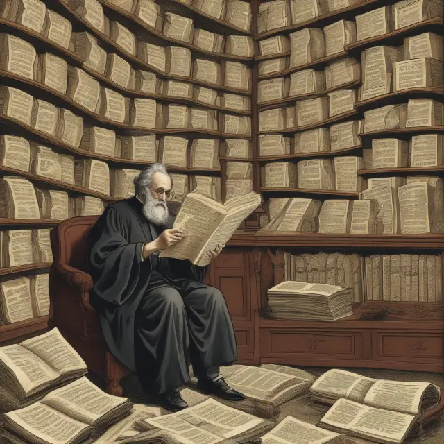 A scholar studying IRS Publication 590 about IRAs, with golden pages and two retirement savings accounts symbolizing growth