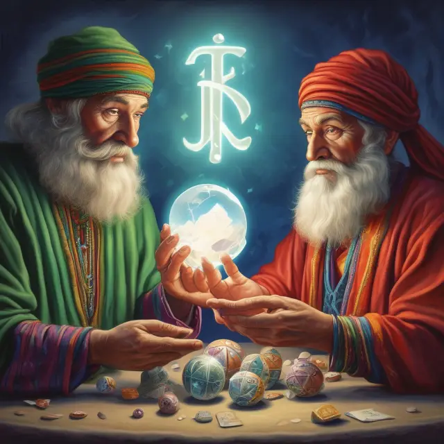 Fortune teller consulting IRAs: Traditional IRA crystal ball with tax-deductible contributions and a Roth IRA crystal ball displaying tax-free withdrawals