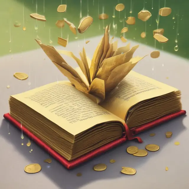 A golden book symbolizing education tax benefits with tuition statements, precious coins for taxes paid, and scholarship raindrops.