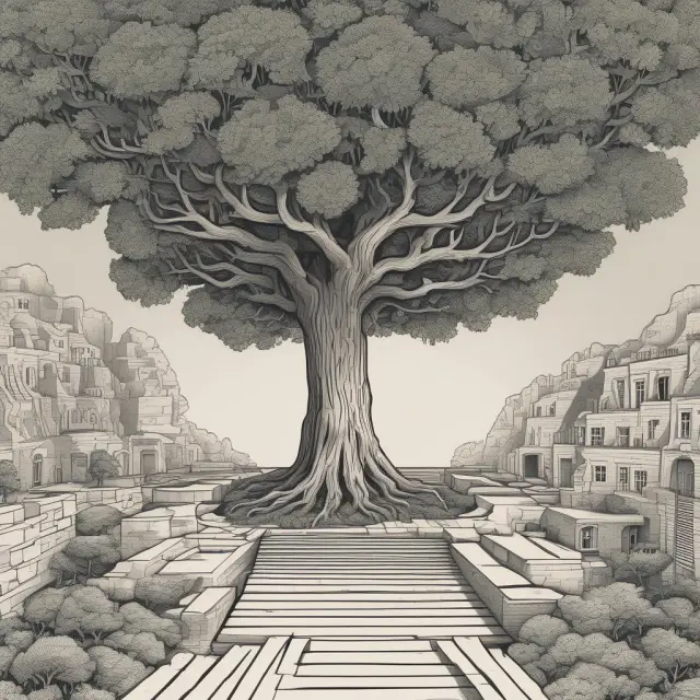 A labyrinthine tree with branches labeled 