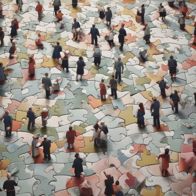 A family gathering around a table with IRS Publication 15 assembling puzzle pieces, symbolizing the process of understanding tax obligations when hiring family members