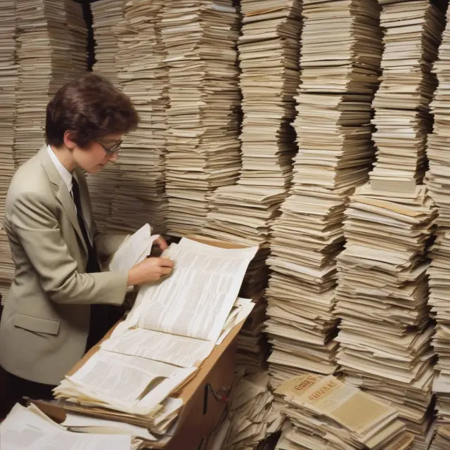 A librarian meticulously sorting through a mountain of golden tax forms, revealing IRS Publication 590-B and helpful worksheets.