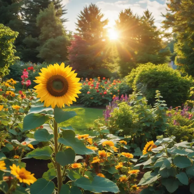 Sunflowers representing Traditional IRAs and rosebushes symbolizing Roth IRAs in a garden illustrating retirement savings options