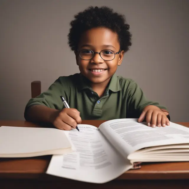 Young child studying from a book titled