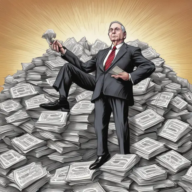IRS Commissioner overseeing a towering mountain of financial records, demonstrating the agency