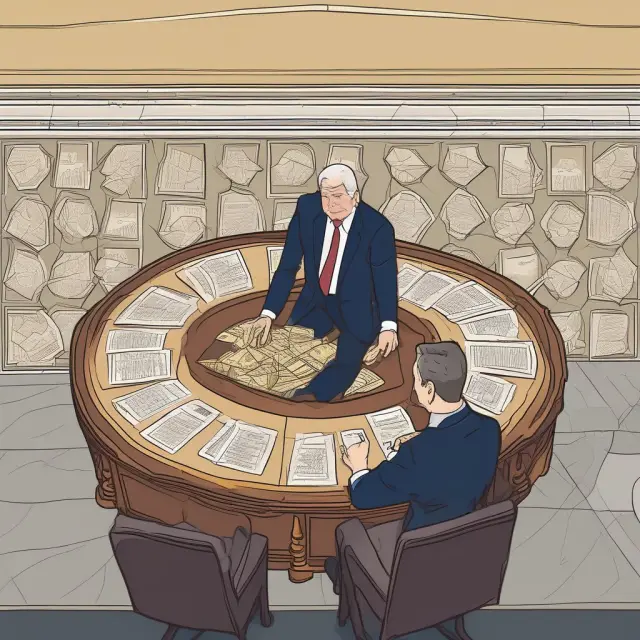 An IRS commissioner presides over a circular table with dividers, representing organizational components. A gold-filled treasure chest funds the operation.